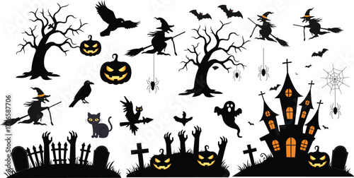 Halloween Spooky Night Silhouettes Witches Pumpkins Bats Ghosts Haunted House Cemetery and Black Cat Vector Illustration