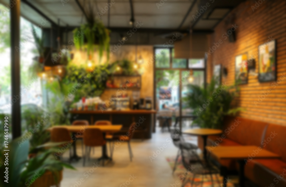 Fototapeta premium a modern cafe or coffee bar interior. The soft, blurred background emphasizes the cozy atmosphere. cafe interior blurred background plant coffee bar. Vegan cafe