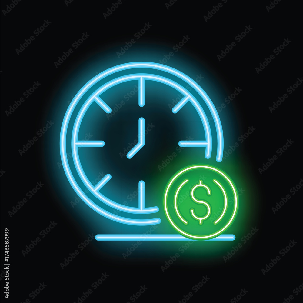 Obraz premium Neon sign showing a clock and a coin, representing the concept that time is money