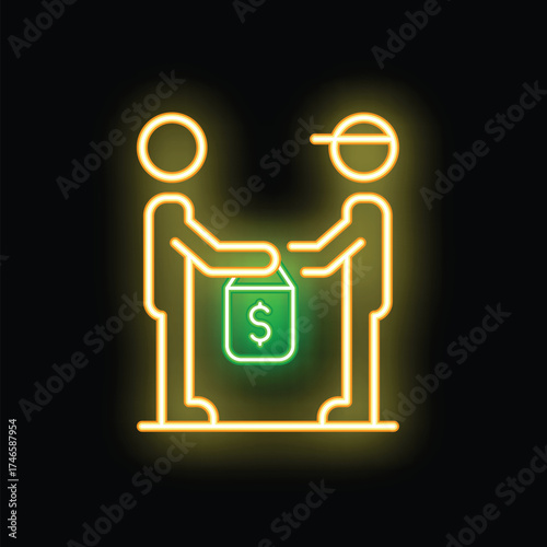 Neon light icon of food delivery with delivery man giving order to client who is paying