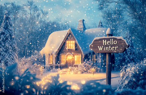 cozy home winter snow loan credit ad. Hello winter! A welcoming image of a cozy house, home nestled in the snow. loan or credit solution