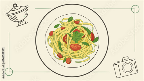 Pasta dish with cherry tomatoes and basil overhead view food photography illustration recipe design menu template restaurant cooking Italian food gourmet delicious appetizing healthy.