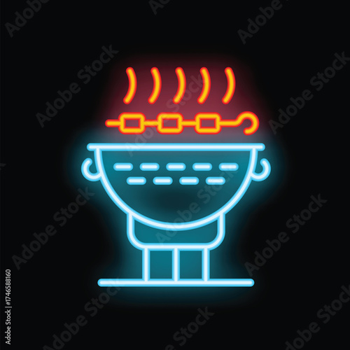 Colorful neon sign representing a barbecue grill cooking kebab, perfect for restaurant or street food advertisement