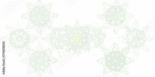 Softly falling snowflakes pattern with subtle yellow and green accents on white background