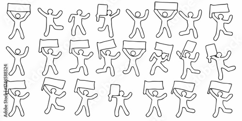 A collection of simple line drawing figures holding blank signs and flags in various dynamic poses