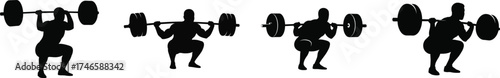Silhouette of a man performing barbell squats through a full range of motion demonstrating proper form for strength training and fitness routines vector