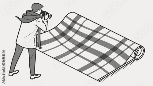 Photographer photographing a rolled-up plaid textile design element graphic illustration isometric view.