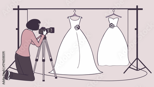 Photographer shooting wedding dresses on tripod in studio.
