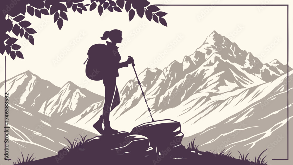 Fototapeta premium Silhouette of a hiker admiring a mountain range landscape trekking adventure travel poster design.