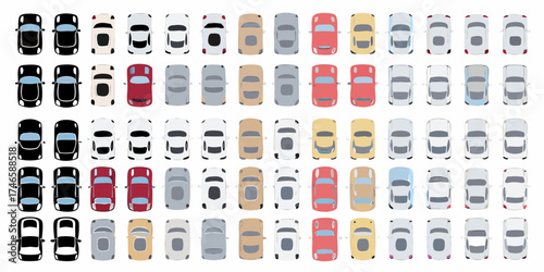 Collection of diverse car models and colors viewed from a top down perspective arranged in rows