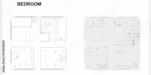 Architectural floor plan sketches of modern bedroom layouts with furniture and ensuite bathroom