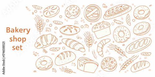 Collection of hand drawn bakery items including bread croissants donuts and muffins in a simple outline style