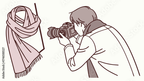 Photographer taking picture of scarf fashion photography studio shot product photography clothing illustration textile apparel design illustration drawing artwork graphic image vecto.