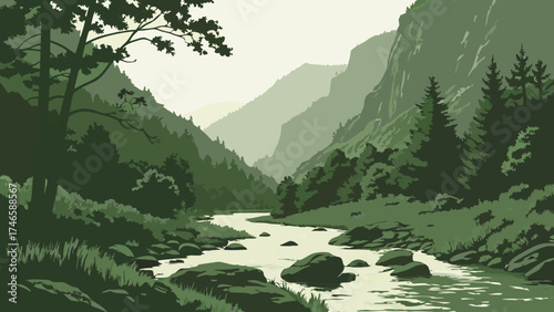 Serene River Landscape Green Mountains Forest Nature Illustration Calm Water Scenic View Eco Friendly Design.