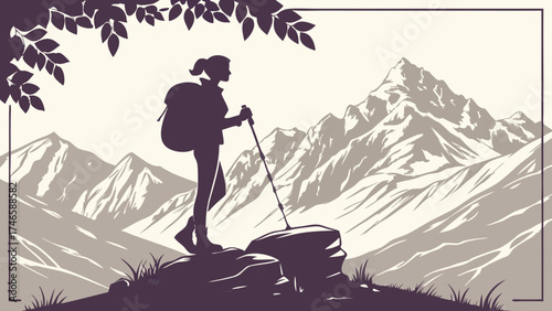 Silhouette of a hiker admiring a mountain range landscape trekking adventure travel poster design.