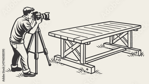 Photographer using a tripod to take a picture of a wooden table outdoors.