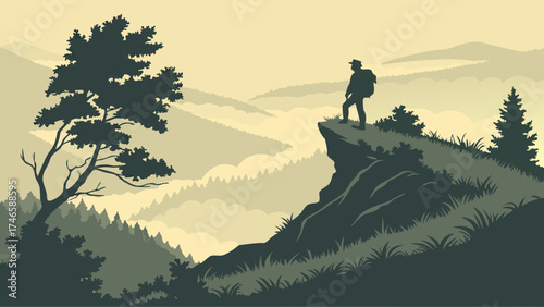 Silhouette of a hiker on a mountaintop overlooking a misty valley.