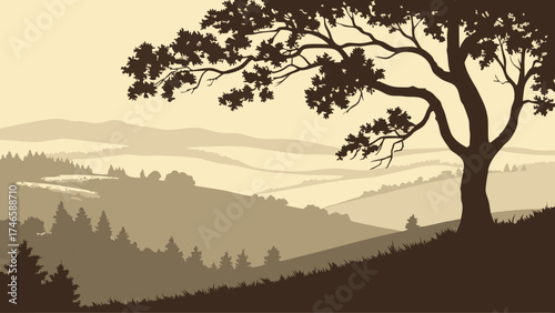 Silhouette of a tree overlooking a hilly landscape with forests and meadows at dawn or dusk.