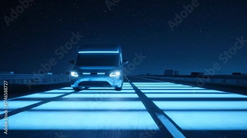 Futuristic electric delivery van driving on a glowing blue road at night, showcasing advanced transportation technology.