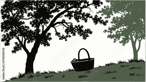 Silhouette of trees basket and grass idyllic nature scene for design projects.
