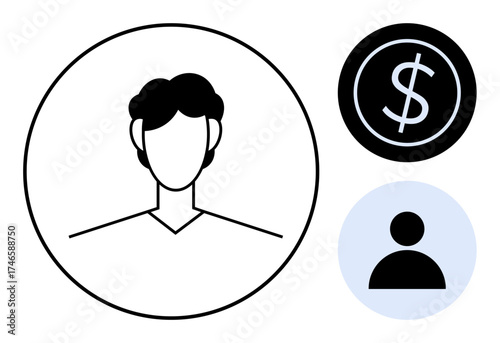 Simplified person profile inside circle alongside dollar sign and user icon in minimal design. Ideal for finance, business, profile, monetary transactions, identity, apps, services, or simple flat