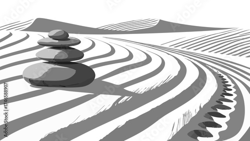 Stacked Stones on Abstract Landscape Zen Garden Illustration Grey Scale Minimalist Design Peaceful Scene.