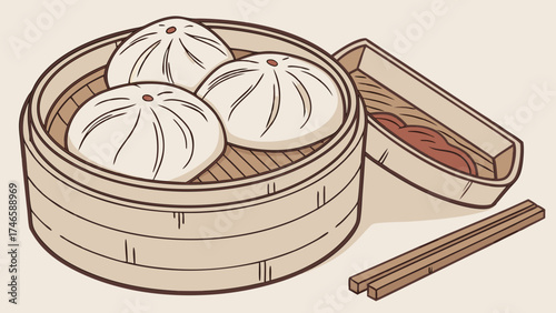Steamed buns in bamboo steamer with dipping sauce and chopsticks illustration food Asian cuisine culinary art restaurant menu design.