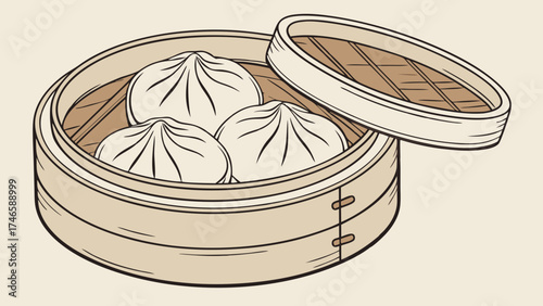 Steamed buns in bamboo steamer Asian food illustration culinary art menu design restaurant graphic.