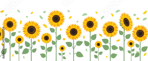 A cheerful, seamless border of stylized sunflowers in varying sizes, with whimsical petals fluttering against a crisp white background