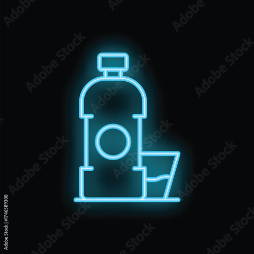 Blue neon sign of a water cooler with a plastic cup being filled on a black background