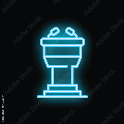 Glowing neon sign representing a tribune with microphones on a black background, a perfect design element for any project needing a bright, eye catching illustration
