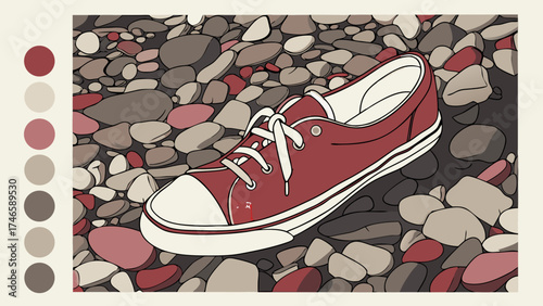 Red Shoe on Pebbles Stylish Footwear Illustration Casual Shoe Design Colorful Stone Texture.