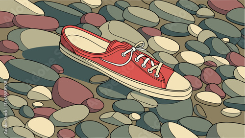 Red canvas shoe on pebbles illustration graphic design flat lay.