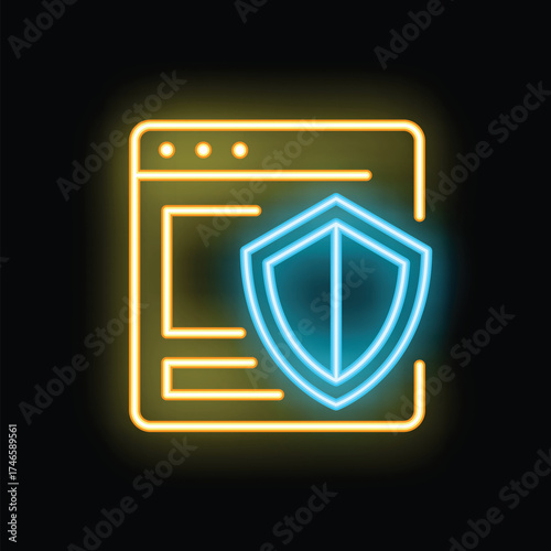 Neon icon of a shield covering a website, representing cybersecurity and data protection