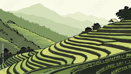Rice Terraces Landscape Green Paddy Fields Asian Countryside Hilly Terrain Rural Scene Agriculture Illustration Nature Background Mountain View Farmland Eco-Friendly Sustainable Farming.
