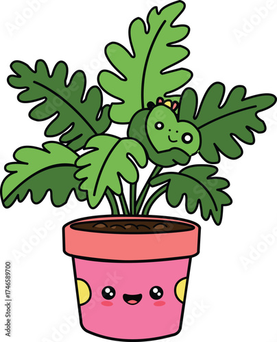 Smiling Houseplant in Pink Pot Vector Illustration Cute Kawaii Plant Character with a Happy Face Indoor Gardening Nature