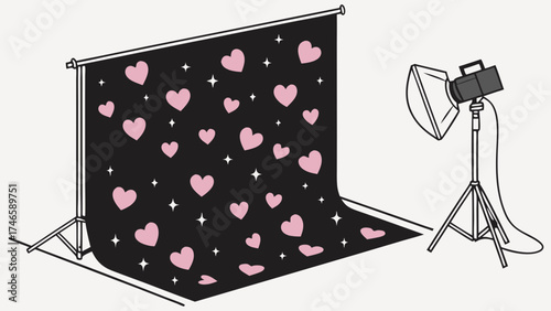 Studio Photography Setup with Heart Pattern Backdrop Lighting Equipment and Tripods.