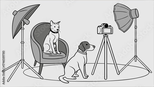 Studio Photography with Pets Animals Photo Shoot Setup Pet Portraits Cartoon Style Illustration.