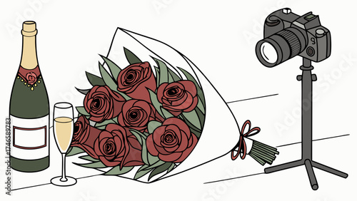 Romantic Still Life Roses Champagne and Camera Setup.