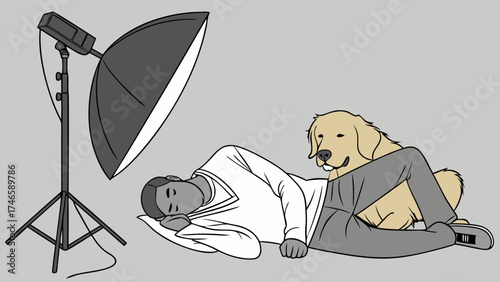 Studio Photography Person Sleeping with Dog Photo Lighting Setup Softbox Illustration.