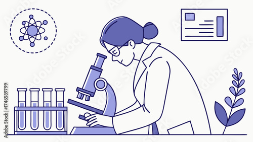 Scientist using a microscope in a laboratory setting conducting research and analysis with test tubes and charts.