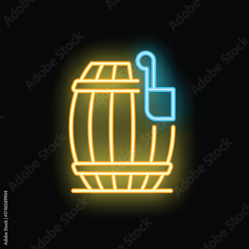 Glowing neon icon of wooden barrel for wine or beer with tap and handle on black brick wall background
