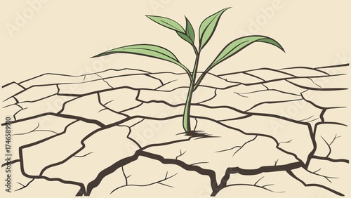 Seedling sprouting in cracked earth drought arid land environmental concept illustration.