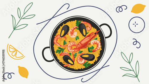 Seafood Paella Dish in Pan Top View Mediterranean Food Illustration Menu Design Restaurant Graphics Recipe Image.