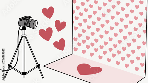 Studio Setup with Pink Hearts for Valentines Day or Romantic Theme Photography.