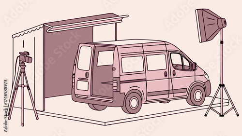 Studio Setup with Van Camera and Lighting Equipment Film Production Illustration.