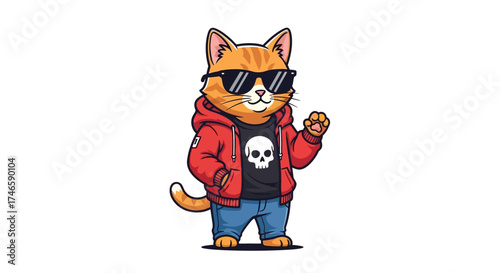 Cartoon illustration of a cool ginger cat wearing sunglasses and a red hoodie standing confidently