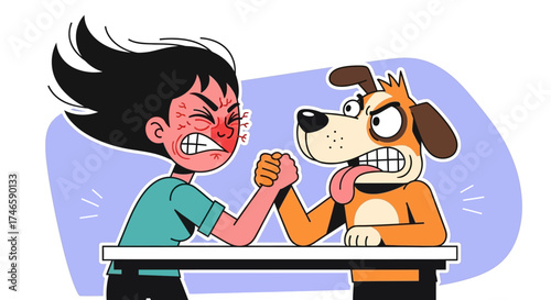 Funny arm wrestling competition between a cartoon woman and a determined cartoon dog
