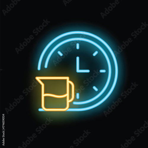 Neon style icon of a measuring cup and clock face representing the concept of cooking time