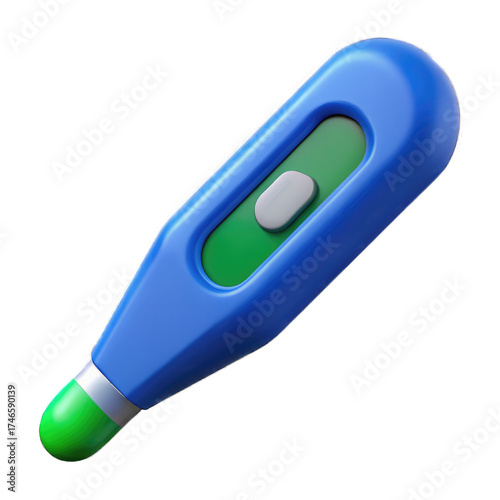 A blue digital thermometer with a green screen and a white button on a black plain background Isolated on transparent background, png
